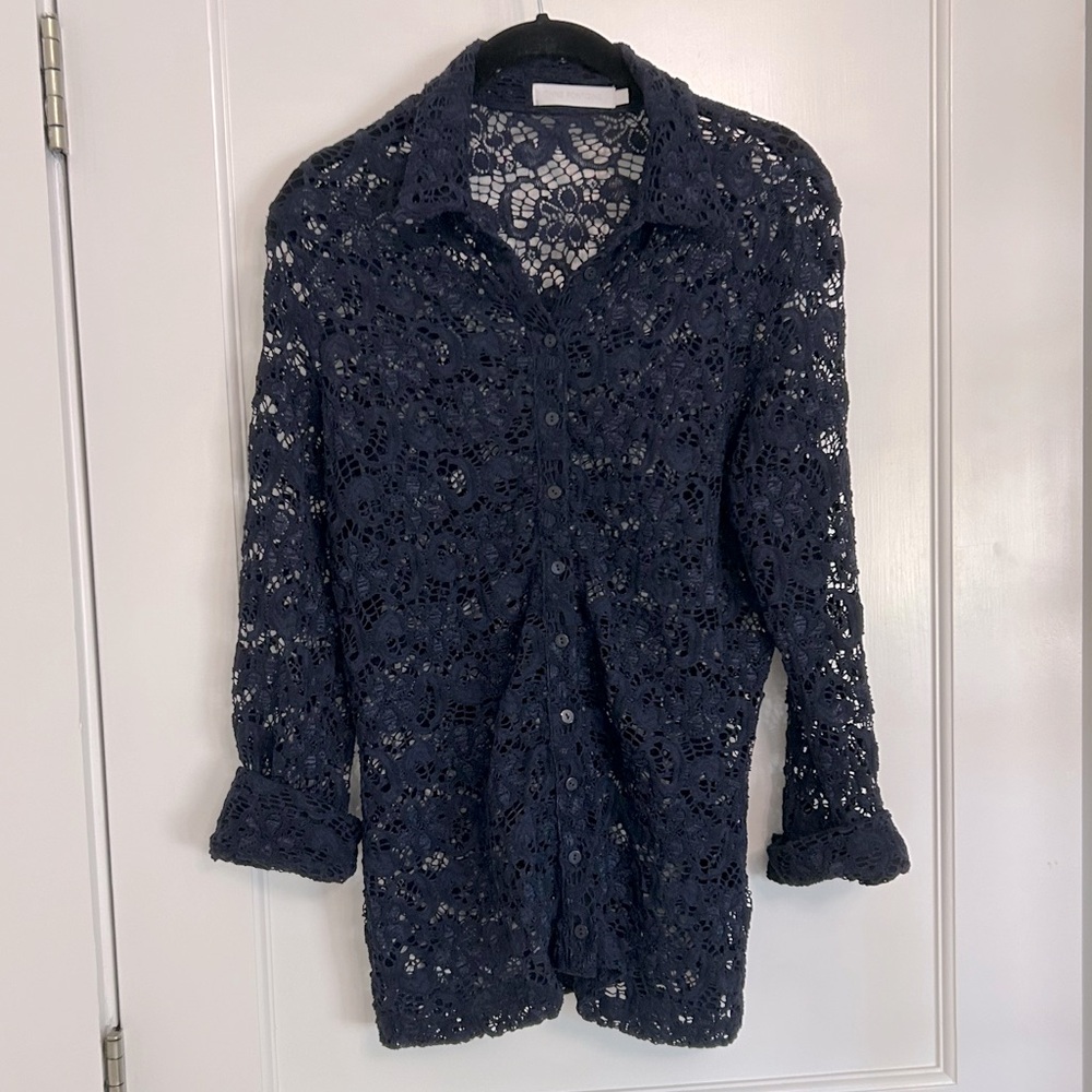 Anne Fontaine Navy Blue Crochet Button-Down Shirt
